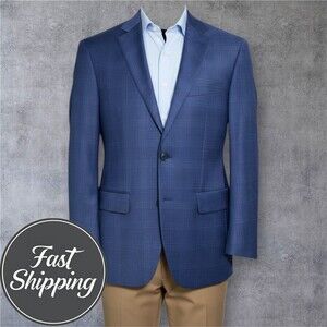 JOS A BANK Men’s Blazer 36R Tailored Fit Blue Wool Windowpane Sport Coat Jacket